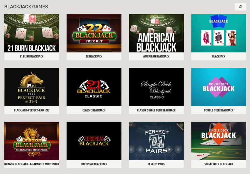 A desktop view of the Ignition blackjack lobby arranged in a four-column grid. Each variant is a uniform tile with a hero image and a light label bar at the bottom set in uppercase. Even gutters, matching image ratios, and consistent padding keep edges clean and make scanning easy. The “Blackjack Games” heading anchors the page, with a simple search field in the top right for quick filtering.